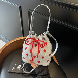 Heart Embroidery Glitter Bucket Bag Drawstring Closure Sweet Fashion Crossbody Handbag For Women