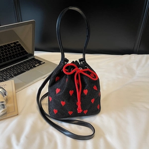 Fashionable black drawstring bucket bag with red heart embroidery and dual straps