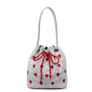 Silver glitter drawstring bucket bag with red heart embroidery and rope bow handle