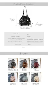 Detailed size chart and multi-color options for rivet drawstring bucket bag