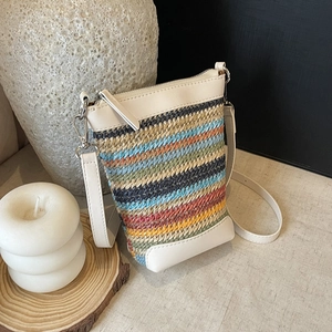 Sac Bandoulière Tissé À Rayures Colorées Pour Femmes Été Paille Cuir PU Pochette Téléphone Bohème Vacances Petit Sac À Épaule