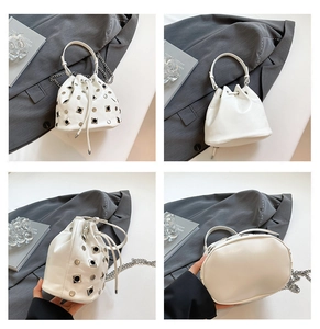 Detailed four-angle view of white drawstring bucket bag with silver rivet studs and chain strap