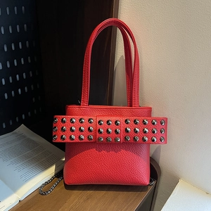 Punk Rivet Crossbody Bag Lychee Texture PU Leather Bow Small Square Shoulder Bag With Chain Strap For Women