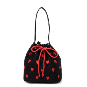 Mini canvas bucket bag with red heart embroidery and drawstring closure in black