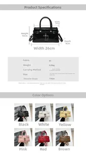 Detailed spec sheet and multi-color collage of the cross pendant PU leather tote bag