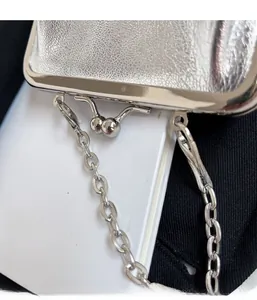 Detailed macro view of vintage silver kiss-lock clasp and metallic chain on textured shell bag