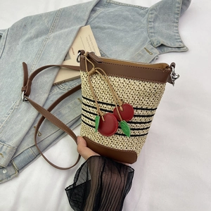 Straw Woven Bucket Bag For Women Striped Crossbody Purse With Cherry Charm Summer Beach Vacation Casual Style