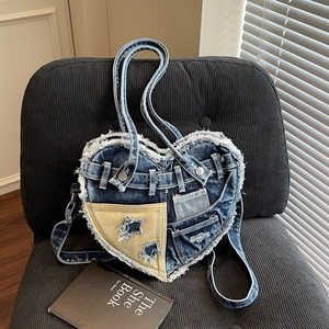 Heart Shaped Denim Shoulder Bag Patchwork Frayed Edges Y2K Vintage Distressed Handbag For Women Retro Aesthetic
