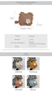 Detailed size chart and multi-color options for woven daisy tassels shoulder bag
