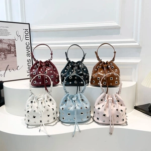 Chic rivet bucket bag in six colors featuring drawstring closure and chain straps
