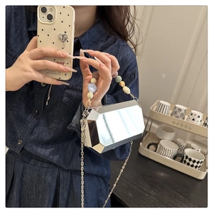 Silver geometric mirror evening bag with colorful beads and metal chain strap