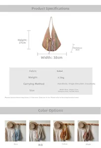 Size chart and close-up view of handmade woven mesh tote bags in four various colors