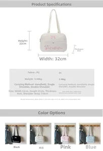 Size chart showing dimensions and PU material specs for the versatile student tote bag
