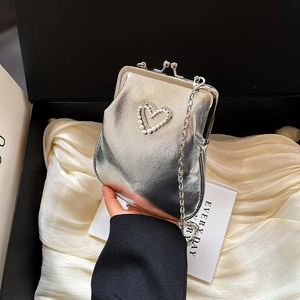 Women Metallic PU Crossbody Mobile Phone Bag Heart Rhinestone Artificial Pearl Decor Kiss-Lock Clasp Mini Evening Purse Clutch