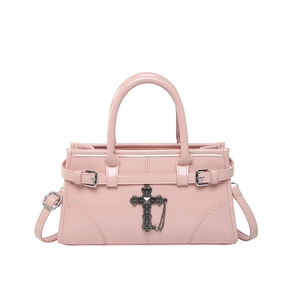 Pink patent leather tote bag with gothic cross pendant and metal chains in sweet cool style