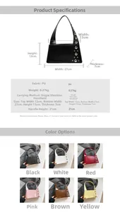 Detailed size chart and multi-color rivet shoulder bag specification guide in PU leather
