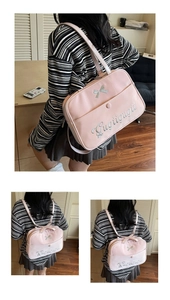 Pink PU leather tote bag with silver bow accent and adjustable straps for dual-use carry