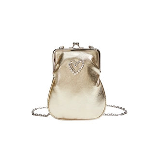 Elegant gold metallic clasp bag with pearl heart embellishment and silver chain strap