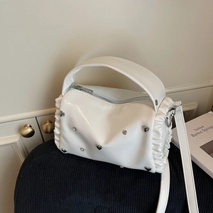 Women Crossbody Handbag PU Leather Heart Rivet Rhinestone Pleated Side Boston Pillow Bag Trendy Fashion Sweet Cool Style