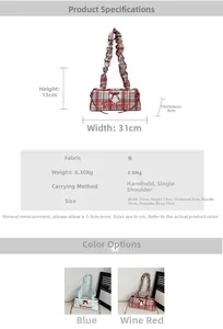 Detail view of checkered tote bag size specs with 31x13x9cm dimensions and embroidery
