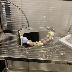 Silver mirror acrylic box clutch bag with colorful beaded handle and metal chain strap