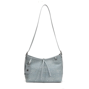 Borsa a spalla in denim azzurro con strass luccicanti e ciondolo con lettera M
