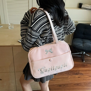 Pink JK style PU leather tote bag with silver bow embroidery and shoulder strap
