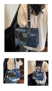 Détail du sac cabas en denim multicolore avec patchwork géométrique et fermoir doré