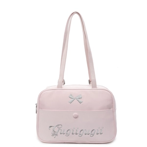 Pink PU tote bag with silver bow embroidery and long shoulder straps on a white background