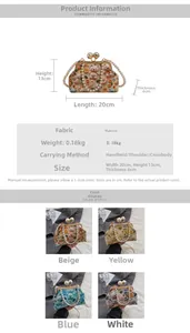 Detailed size specifications and color variants for the beaded handle shell crossbody bag