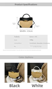 Detailed view showing dimensions and material of the straw and PU bow tote bag