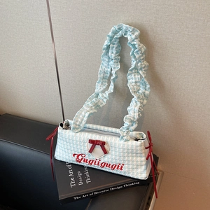 Blue plaid canvas tote bag with ruffled strap and red bow embroidery detail