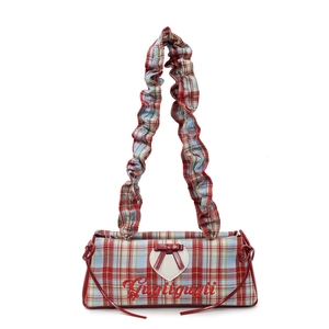 Checkered plaid tote bag with ruffled shoulder strap and sweet red bow decoration