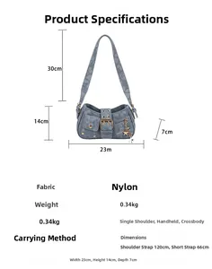 Detailed view of denim texture shoulder bag with floral embossing and size specifications