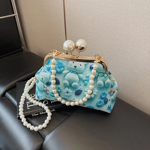 Women Crossbody Bag Canvas Artificial Pearl Chain Kiss-lock Clasp Crochet Teddy Bear Flower Print Elegant Evening Clutch Handbag