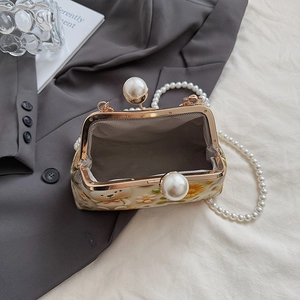 Beaded crossbody bag with teddy bear sunflower print and large pearl strap detail