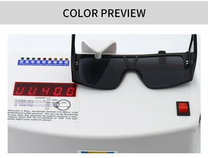 Detail showing UV400 protection test for modern retro square flat top sunglasses