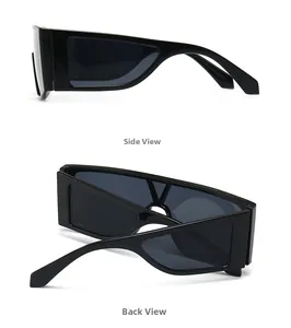 Detail view of bold square oversized sunglasses showing wide hollowed-out temples in black