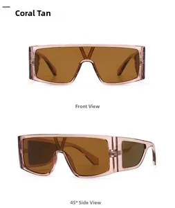 Detail view of pink coral sunglasses showing front and 45-degree angle with V logo