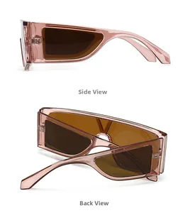 Side and back view of modern retro oversized flat top sunglasses in translucent pink