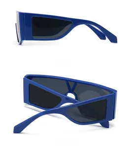 Side and back view of modern bright blue square sunglasses with thick frames