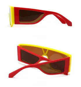 Detailed side and back view of modern retro square sunglasses in red and yellow frame