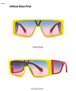 Front and 45-degree side views of modern square sunglasses with yellow frames and blue pink lenses