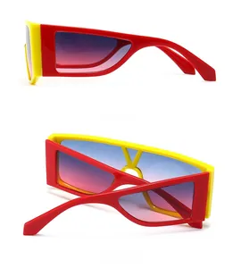 Side and back view of retro square flat top sunglasses with red and yellow frame