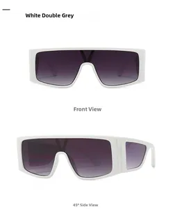 Front and 45-degree views of white shield sunglasses with a metal V-logo on the bridge