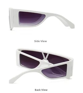 Side and back view of white rectangle sunglasses with purple gradient lenses