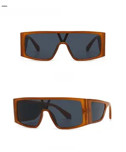 Detail view of vintage square flat top sunglasses with metal V bridge and side lens