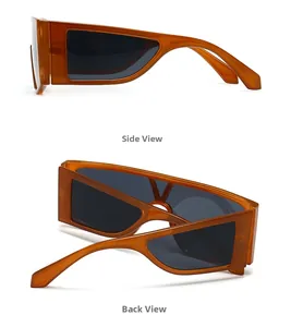Detail view of the side and back of these modern amber rectangular sunglasses
