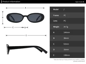 Detailed technical size chart showing lightweight PC frame dimensions for small oval sunglasses