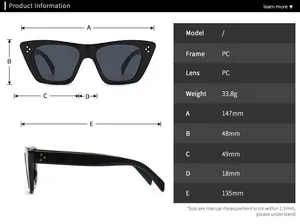Detailed size specifications for cat eye sunglasses with frame and lens measurements